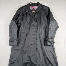 Vintage 80s 90s Black Waterproof Trench Coat Floral Lined Women's Rain Jacket 12