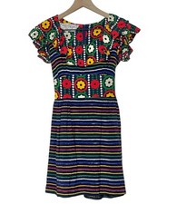 Vintage 70s Sundays Child Geo Striped Print Short Sleeve Mini Dress XS Boho