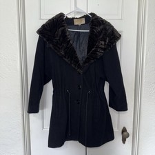Vintage 70s 80s Andrea Black Wool Coat Faux Fur Shawl Collar Made in USA Size L