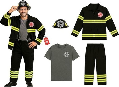 Men`s Fireman Costume & Hat Adult Black Firefighter Uniform M - XXL Halloween