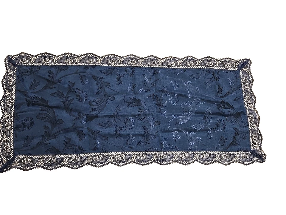 Corredor de Mesa Azul Cobalto 33"x15" Borde de Encaje Poliéster Brillante Floral Tono sobre Tono Foto 3 de 4
