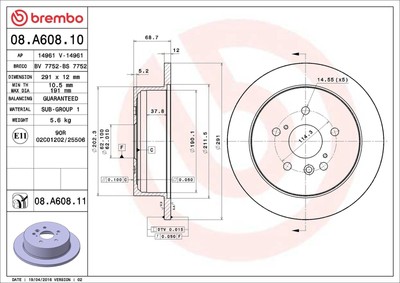 2x BREMBO Coated 08.A608.11 Bremsscheiben Hinten für TOYOTA Alphard (H1)