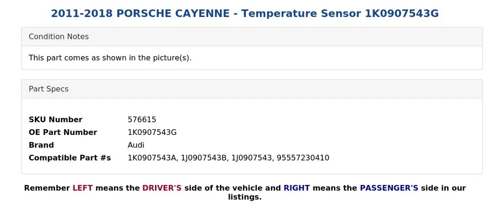 Porsche Cayenne 2011-2018 - Sensor de temperatura 1K0907543G Foto 4 de 4
