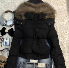 Puffer Jacket Fur Lined Hood Black Women's Button Zip up Vintage Style y2k M