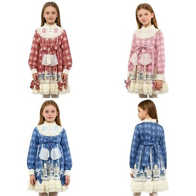 Kids Girls Dress Plaid Ball Gown Birthday Evening Long Sleeve Performance Cute
