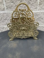 Vintage Ornate Brass Victorian Rococo Style Magazine Rack Letter Napkin Holder