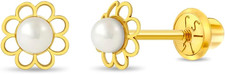 14K Yellow Gold Cultured Pearl Flower Kids Earrings - Earrings for Girls with Sa