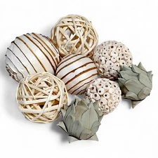Set Of 8 Natural/ Botanical Decorative Centerpiece Orbs Spheres 2"- 4.25"