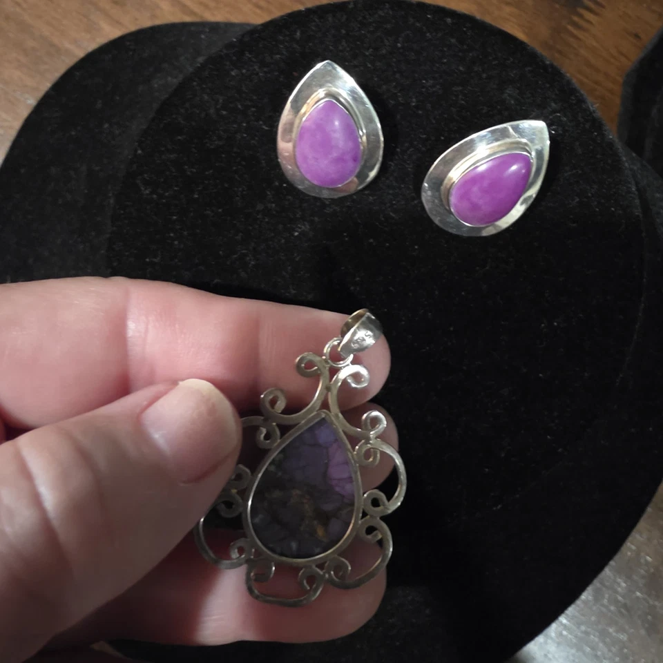 Natural Purple Copper Turquoise 925 Sterling Silver Pendant W/ Earrings Set - Image 3 of 4