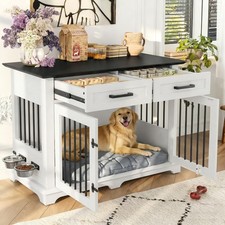 44.48" Large Dog Crate Furniture with 2 Storage Drawers and Rotating Bowls