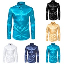 Mens Workwear Shirt Cocktail Dress Shirt Long Sleeve Party Satin Silk Shirts