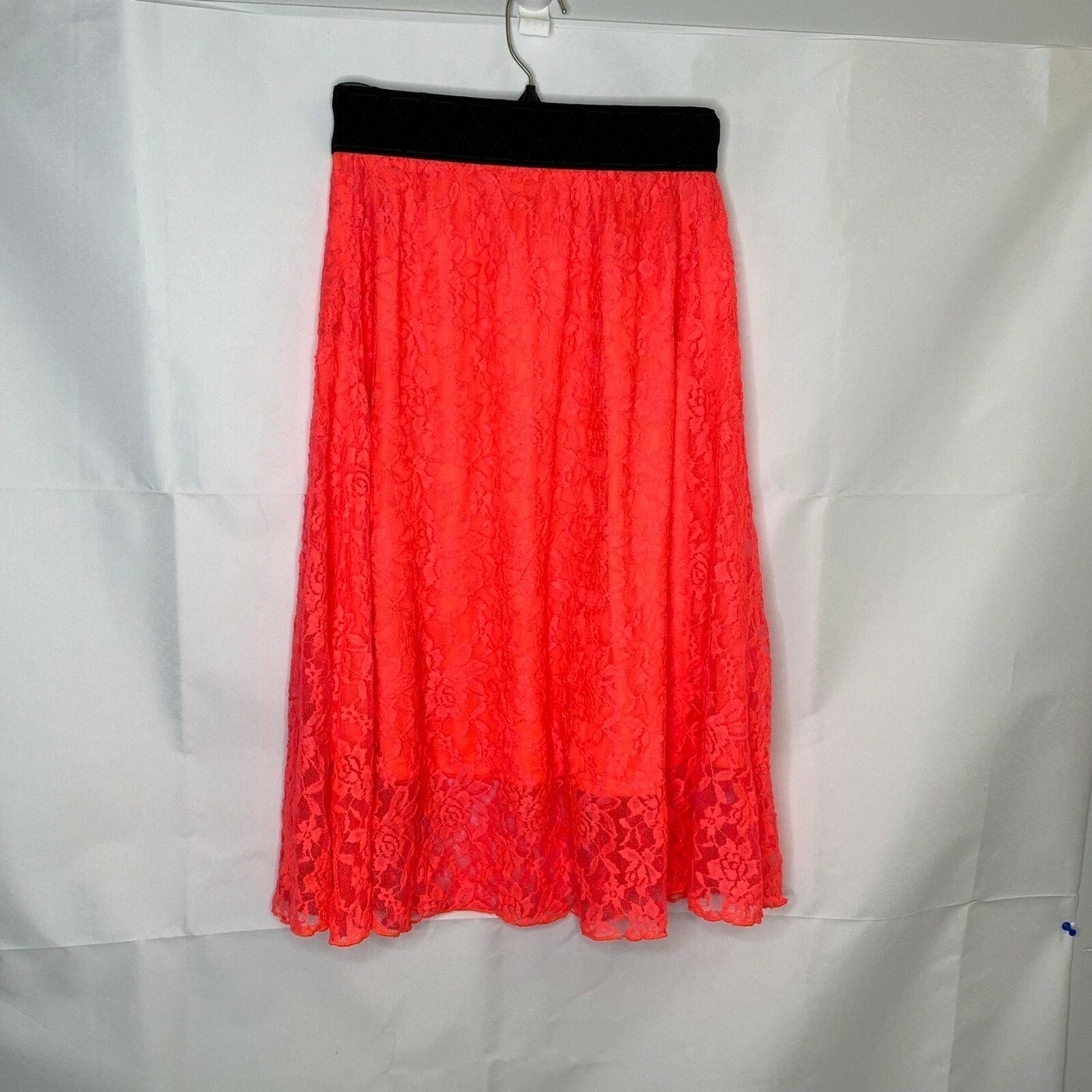 LuLaRoe Lola Skirt XXS Neon Pink Orange Lace Midi A-Line High Waist NWT
