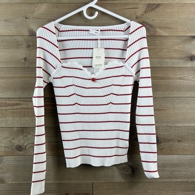 MNG Mango Womens Shirt Long Sleeve Striped Ribbed Fitted Rose Sweater Size XL