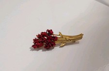Vintage Gold Tone- A Dozen Red Roses Bouquet- Brooch, Pin -2” x 3/4” Unique. W