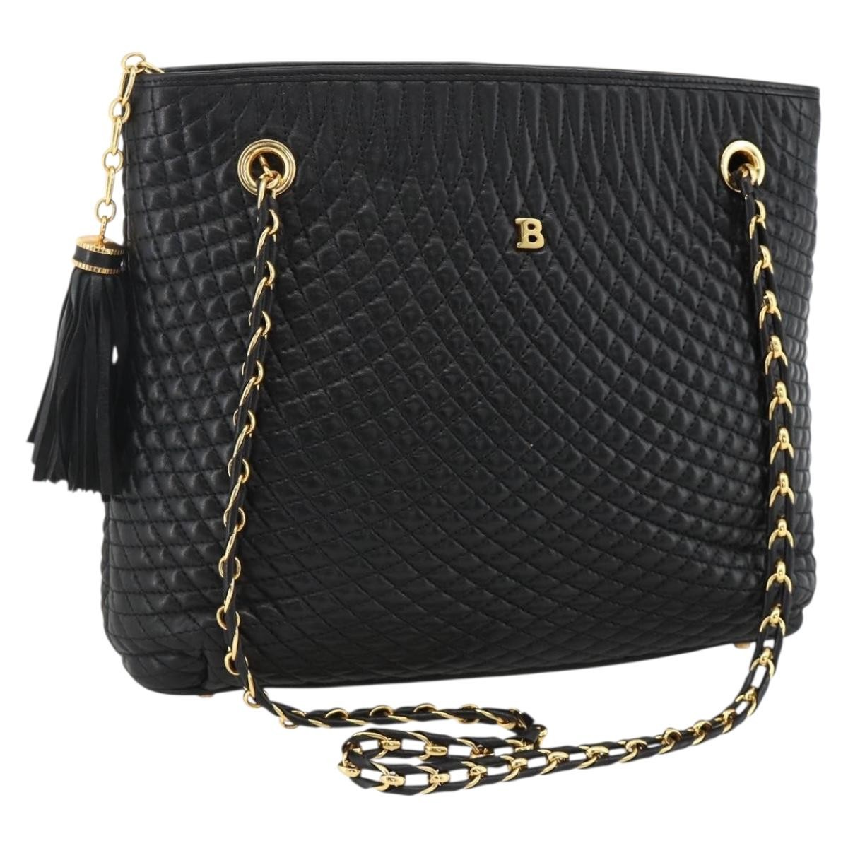 BALLY Quilted Chain Shoulder Bag Leather Black Gold Auth BA11359 