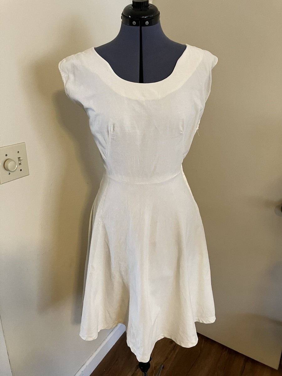 Vintage 1950s 1960s Dress Ivory Cotton Velvet Sleeveless Dress