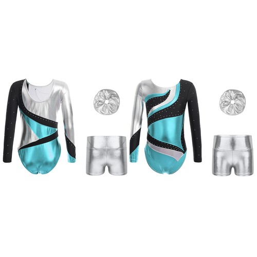 Kids Girls Outfit Metallic Set Rhinestones Dancewear Shiny Round Neckline Dance - Picture 7 of 53