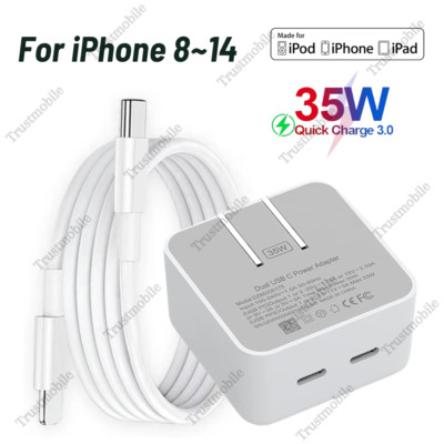 Dual USB C Ports Fast Charger 35W Adapter PD Type C Cable For iPhone 14/13/12/11