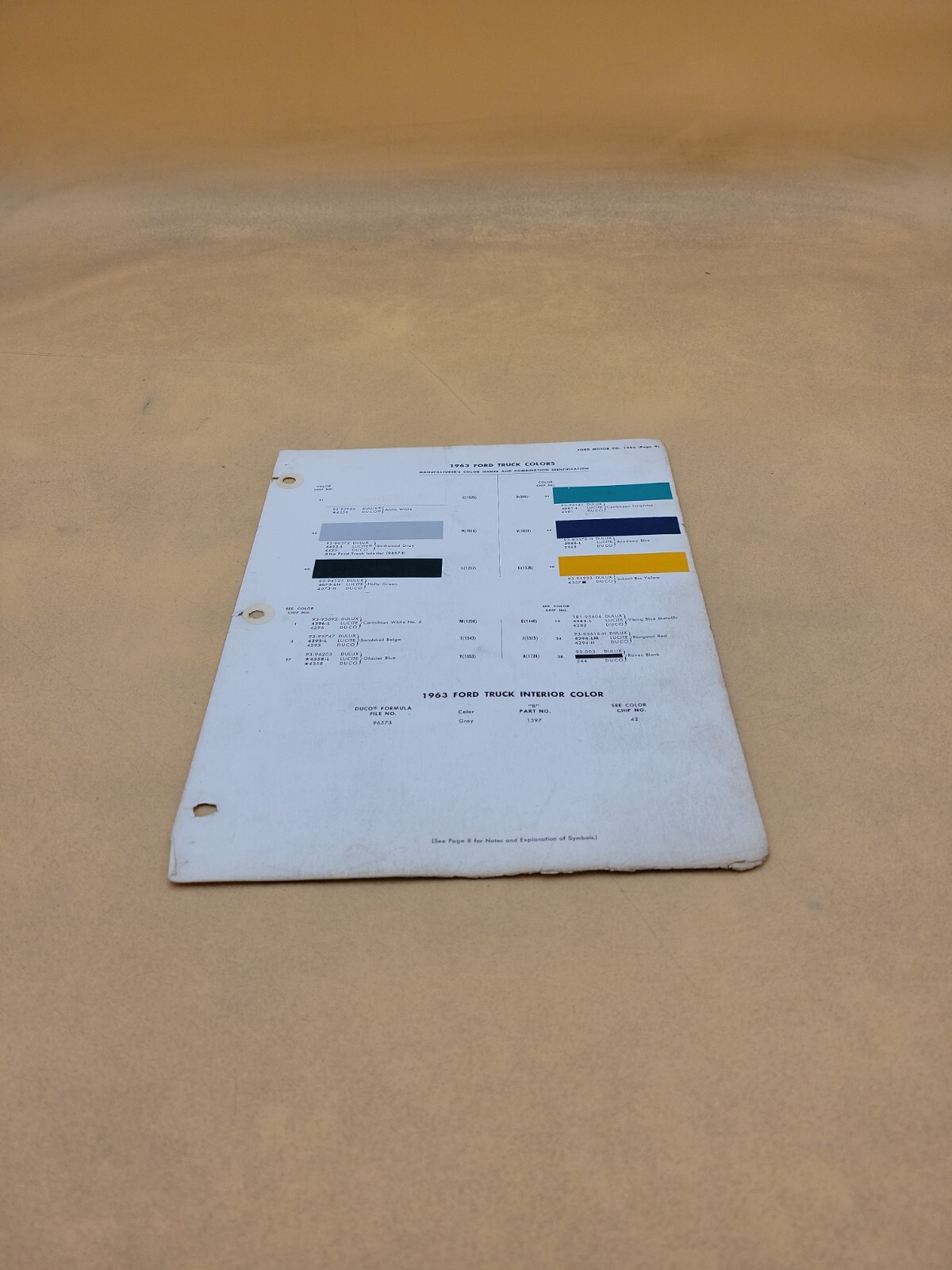 1963 DUPONT FORD TRUCK PAINT CHIPS COLOR SHEET INFORMATION DUCO DULUX
