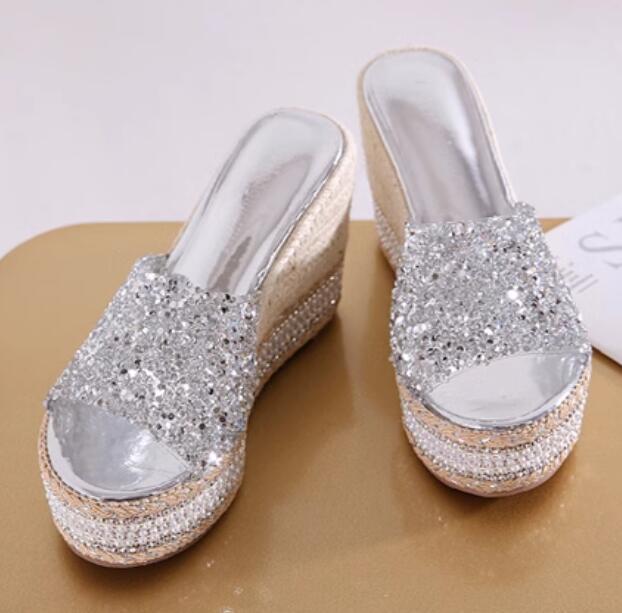 SAOLA Scarpe donna moda strass suola spessa slip tempo libero versatili zeppa tacco