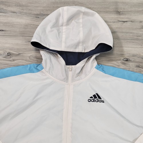 Adidas Jacket Kids Medium Light Gray Blue Windbreaker Scape Hoodie - Picture 2 of 9