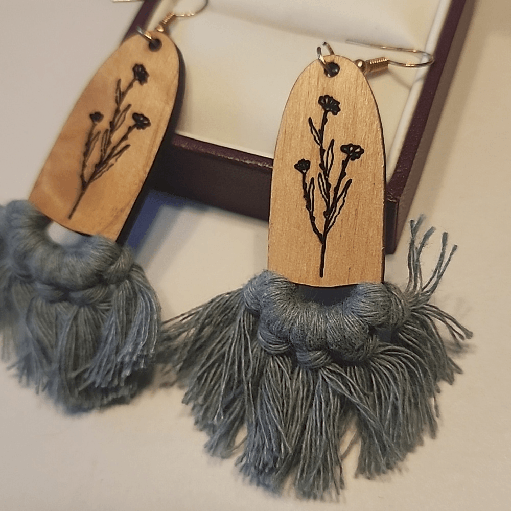 Wood Macrame Dangle Drop Earrings Floral Design Boho Bohemian - Main Image