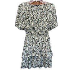 Zara XS Green Brown Dress Neutrals Fit and Flare Ditsy Vacation Tropical 