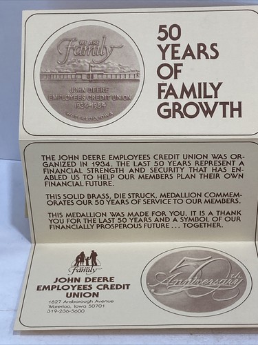 JOHN DEERE Credit Union Waterloo Ia 50th anniversary bronze Medallion 1984 - Picture 4 of 5