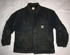 Carhartt DESTROYED Dark Green Work Chore Jacket w/ Brown Corduroy Collar Fits XL