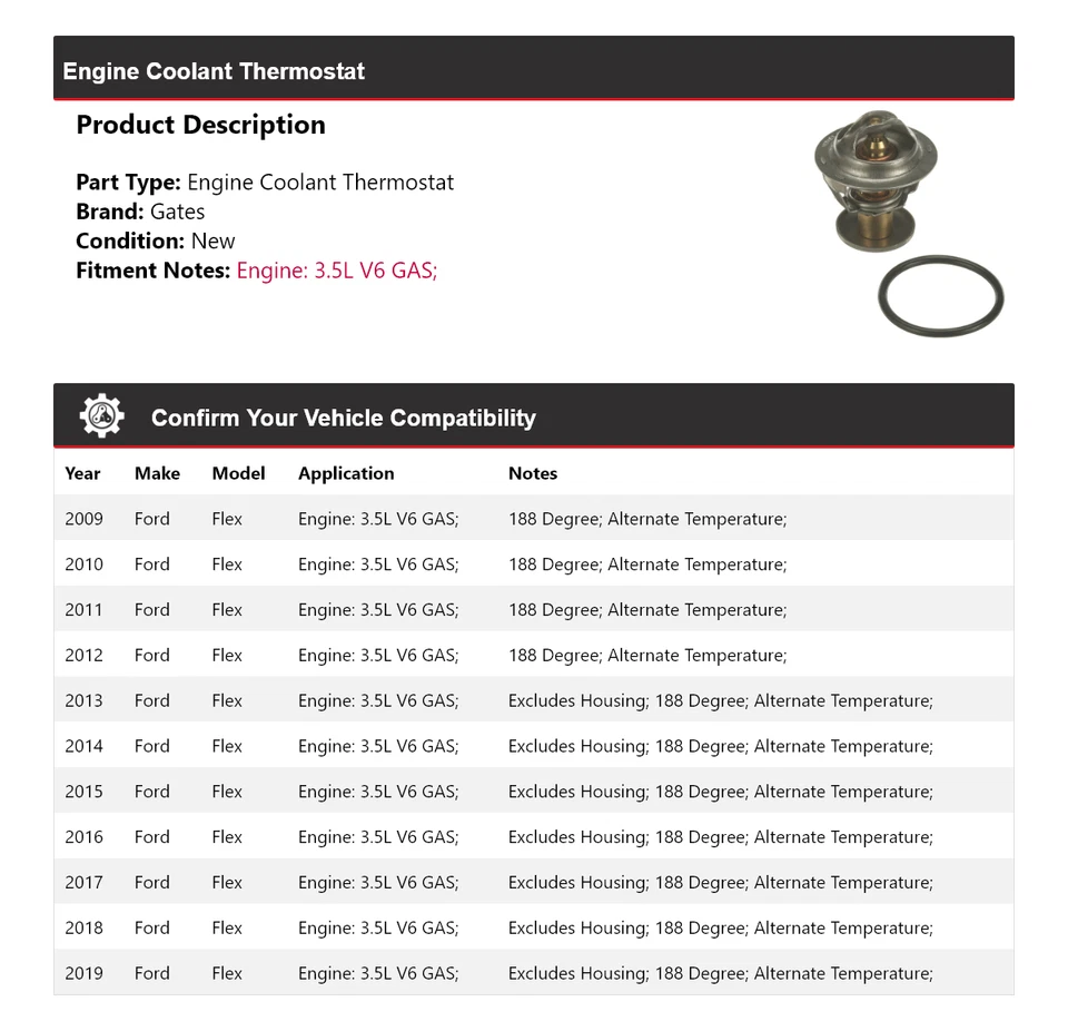 Para Ford Flex 2009-2019 3,5 L V6 motor gas refrigerante termostato puertas 2010 2011 Foto 2 de 4