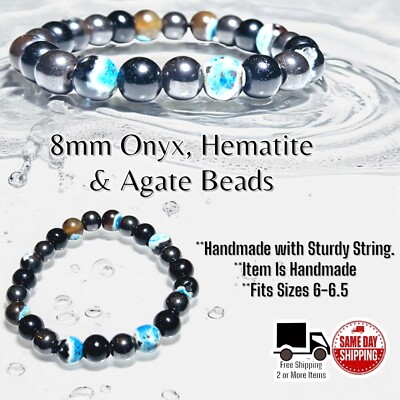 Black Onxy Hematite & Agate Hand made 8mm Beaded Bracelet Wrist Size 6-6.5