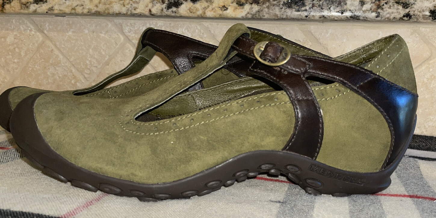 Merrell sandali donna Mary Jane scarpe verde scamosciato pelle marrone taglia 10