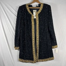 Vintage Beaded Silk Jacket Laurence Kazar Black & Gold Size M Elegant Statement