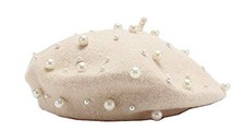 2021 Vintage Pearl Wool Beret Hat Lady Fashion Artist Hat Beige 
