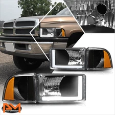 For 94-02 Dodge RAM Black Housing Clear Lens Amber Corner Headlight/Lamp Pair