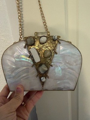 RAMLA La Perle Mother of Pearl and Gemstone Inlaid Brass Minaudiere Evening Clut