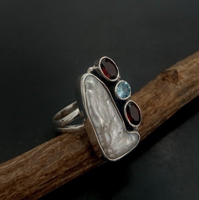 925 Sterling Silver Natural White Biwa Pearl & Multi Gemstone Ring