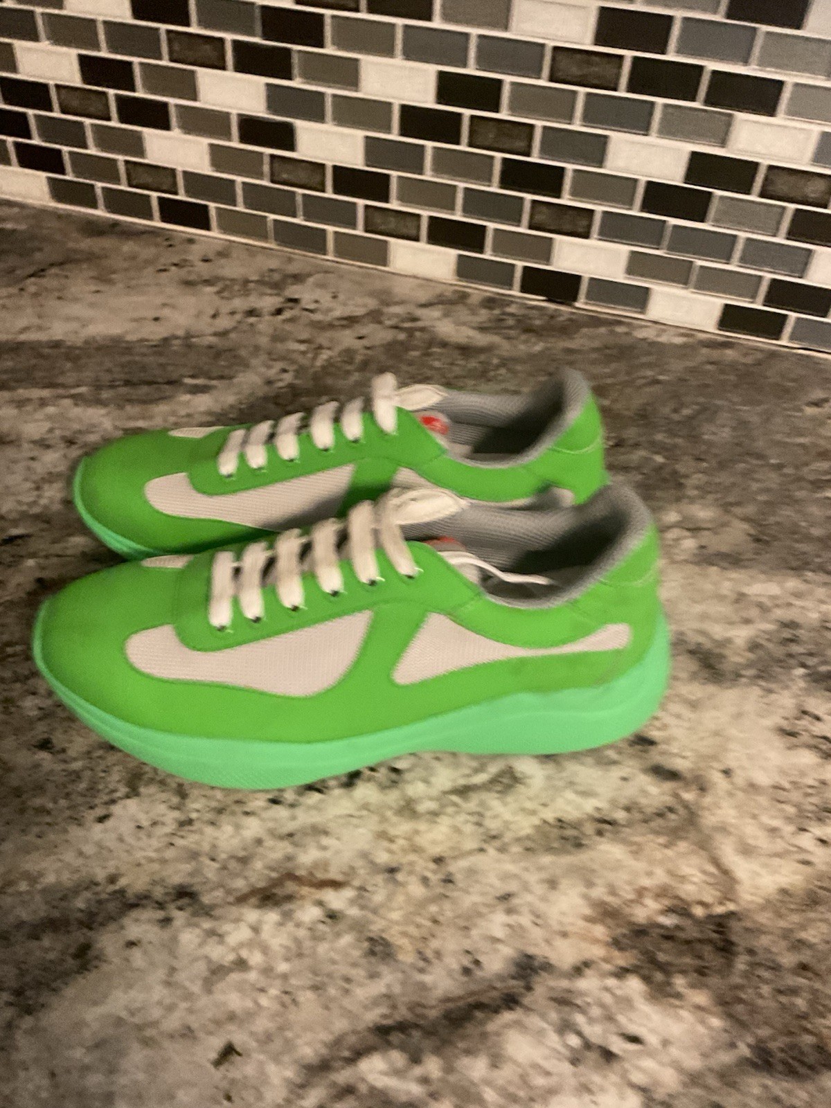 PRADA Men's Green White Gray Athletic Sneakers with Red Heel Accent thumbnail 4