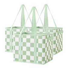 Checkered Reusable Grocery Bags Heavy Duty 3 Pack Foldable Shopping Bags Green