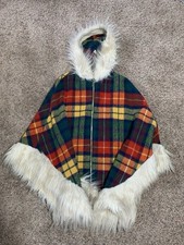 Vintage Wool Hooded Cape Poncho Rainbow Plaid Faux Fur Union Made USA