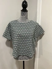 Women’s L/XL Cotton Boxy Lightweight Teal Repeat Oval Abstract Pattern Blouse