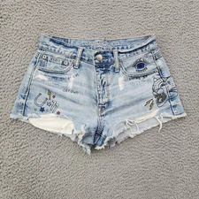 American Eagle Shorts Womens 2 Light Wash Vintage Hi-Rise Distressed Embroidered