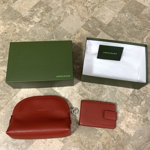 Longchamp TBM Aircraft Vermillion RedPebbled Leather Cosmetic Makeup Bag, Mirror - Picture 7 of 24