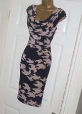 Phase Eight black tan bird print stretch pencil wiggle evening party dress sz 14