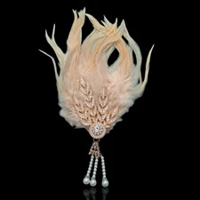 Cabeyond Beaded Rhinestone Tan Feathered Cosplay Flapper 20's Hair Clip 8.5in