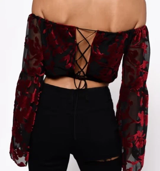 Corsé de terciopelo Burnout con cordones Top corto rojo manga campana M Fairygrunge caprichoso Foto 3 de 4