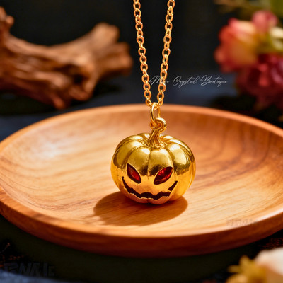3D Pumpkin Pendant Gold Plated Filled Necklace Spooky Halloween Jewelry Gift