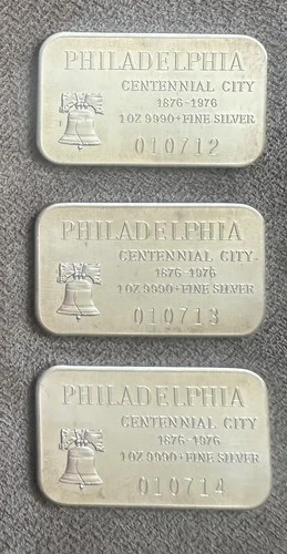 3 Philadelphia Centennial City Silver Bars; Consecutive Serial Numbers; RARE!