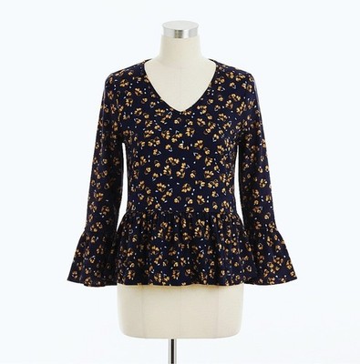 Moa Moa (M) Floral Ruffle VNeck Blouse Navy Yellow Bell Sleeve Polyester Spandex