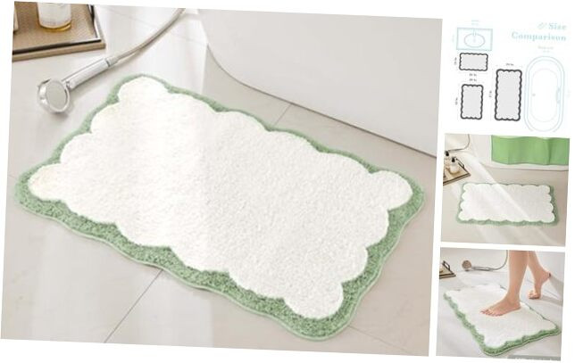 Luxury White Microfiber Bath Rug with Sage Green Scalloped Design